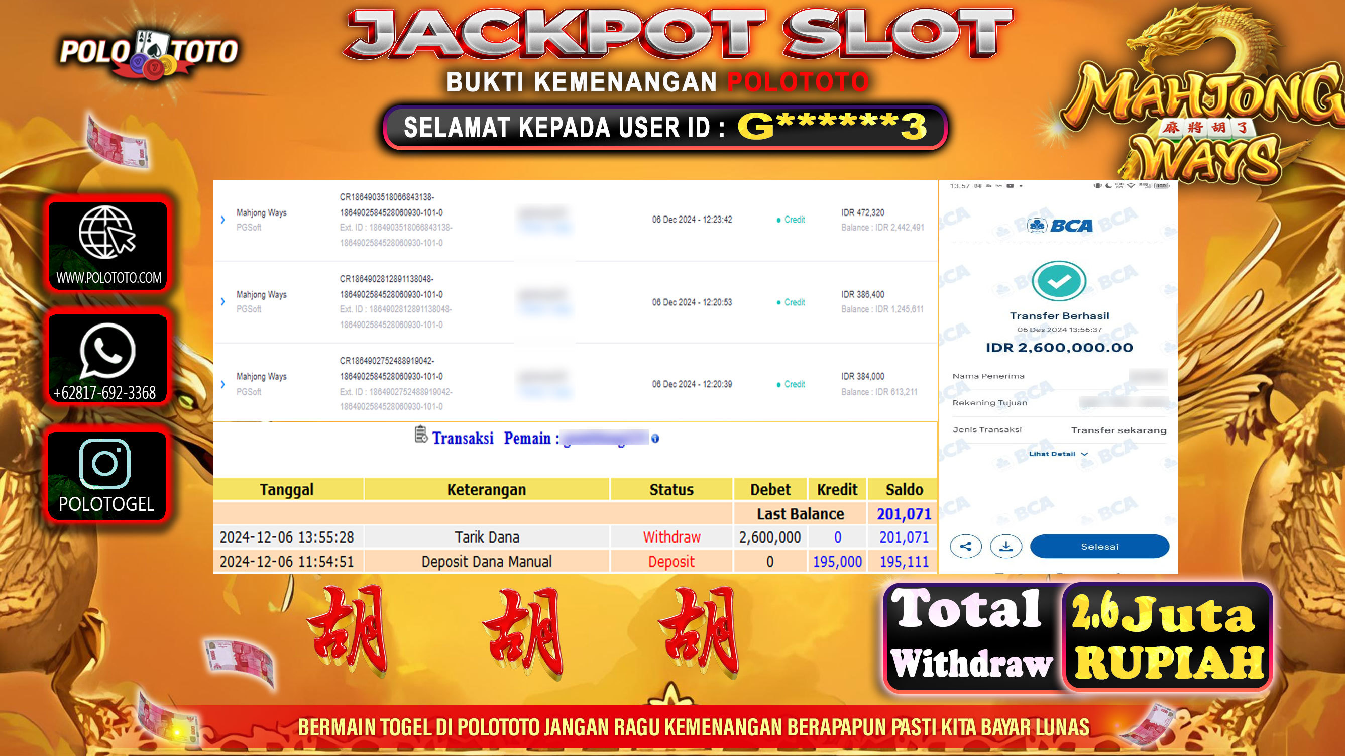 POLOTOTO JACKPOT SLOT MAHJONG WAYS Rp.2,600.000,-