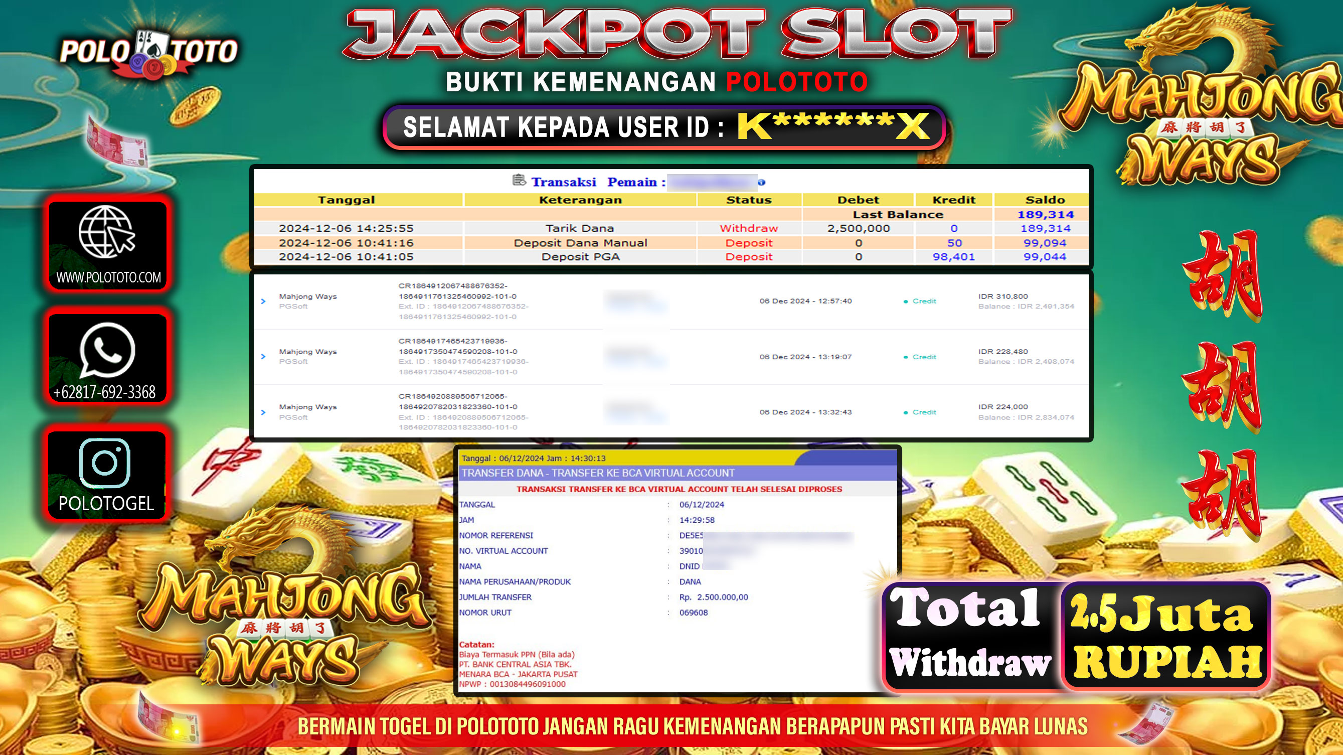 POLOTOTO JACKPOT SLOT MAHJONG WAYS Rp.2,500.000,-