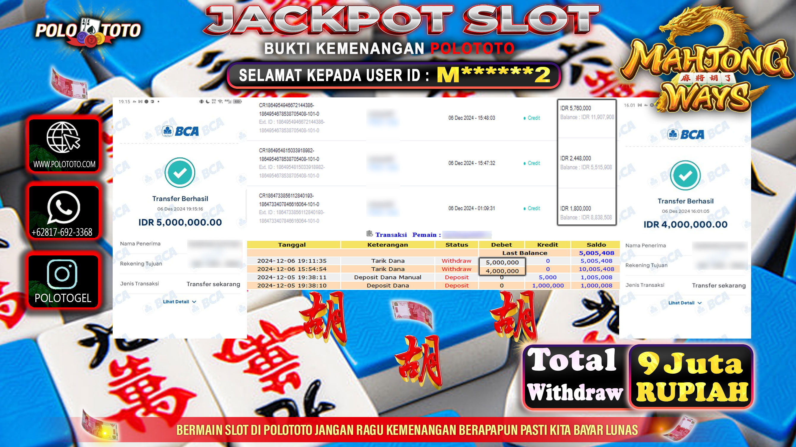 POLOTOTO JACKPOT SLOT MAHJONG WAYS Rp.9,000.000,-
